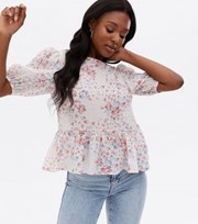 New Look White Floral Puff Sleeve Peplum Blouse